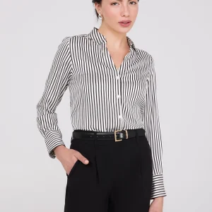 Striped Satin Notch Collar Blouse