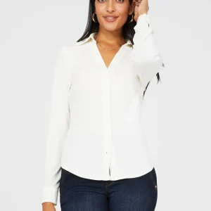 Split Neck Long Sleeve Button-Down Blouse