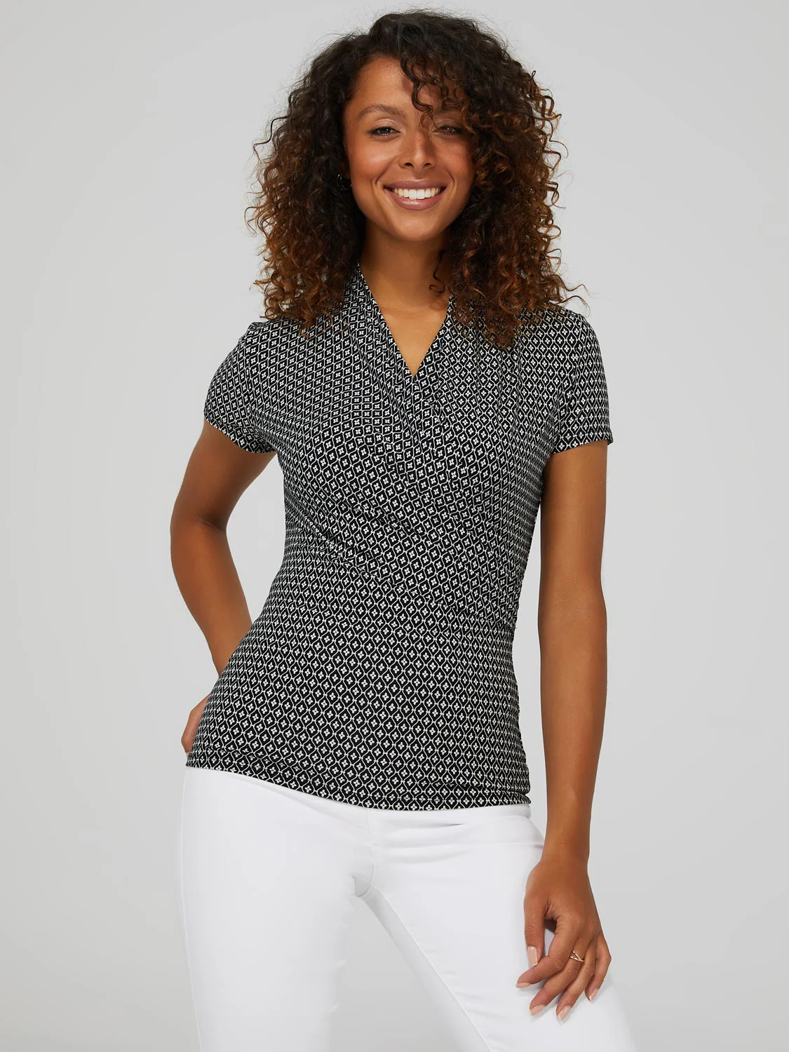 Geo Print Short Sleeve Crossover Front Top