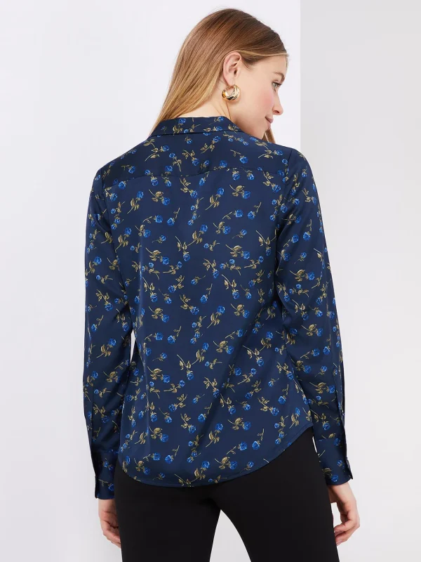 Floral Print Satin Split Neck Button-Front Blouse - Image 5