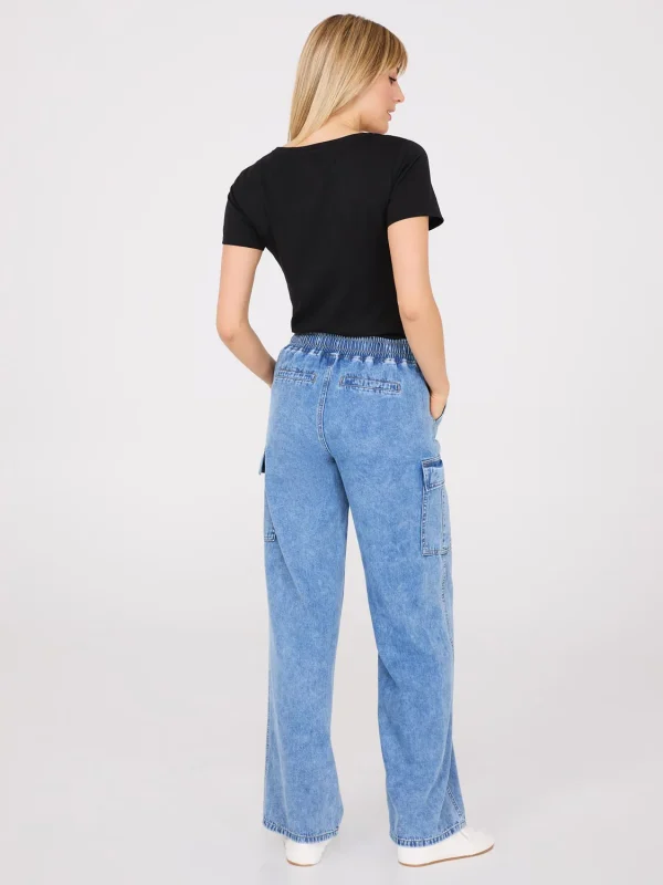 Long Length Wide-Leg Denim Cargo Pants - Image 4
