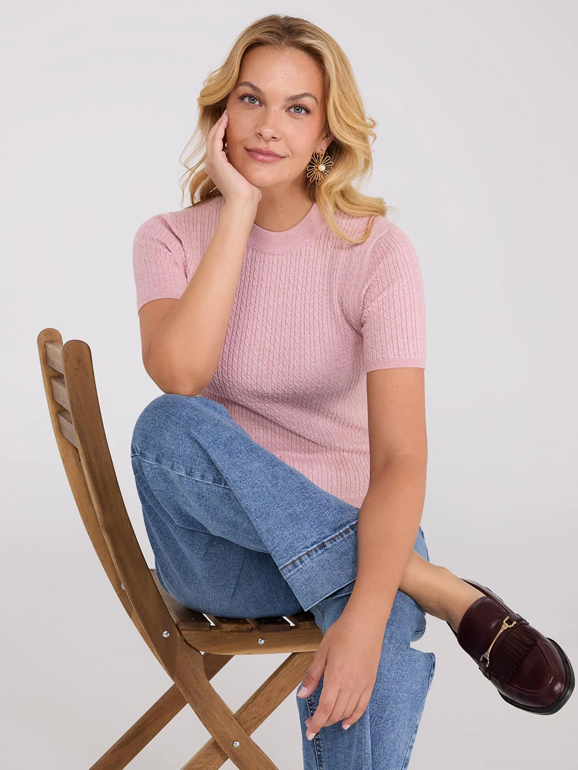 Short Sleeve Cable Knit Sweater - Image 10