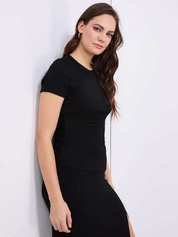 Textured Crew Neck Top With Pleat Details - Image 4