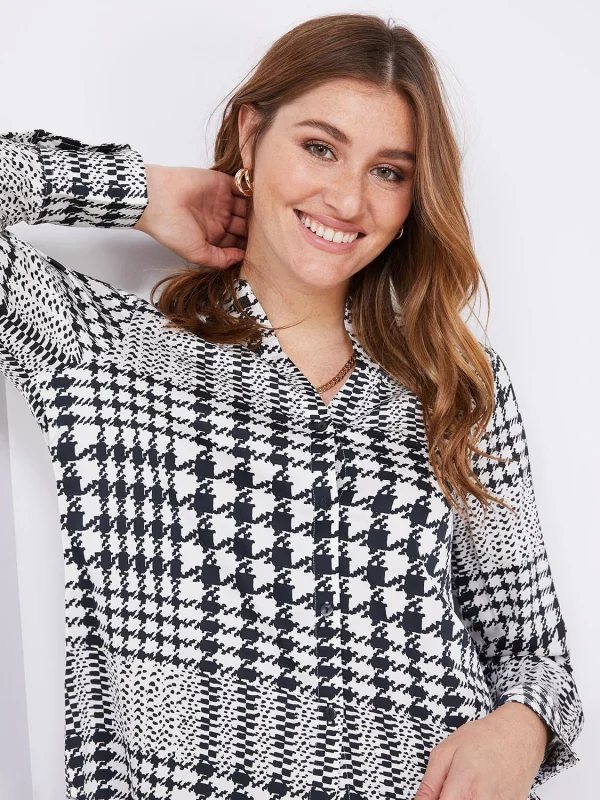 Houndstooth Satin Split Neck Button-Front Blouse - Image 3