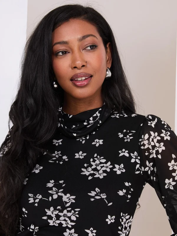 Floral Print Balloon Sleeve Turtleneck Top - Image 3