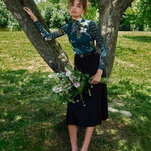 Lace Floral Print Mock Neck Top