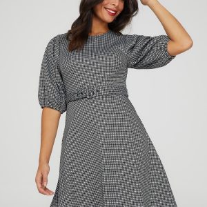 Printed Metallic Fit & Flare Belted Dress