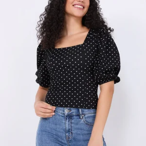 Dot Print Puff Sleeve Square Neck Top