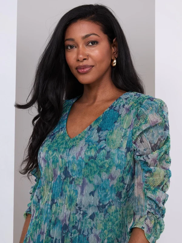 Floral Print Crinkle Mesh V-Neck Top - Image 2