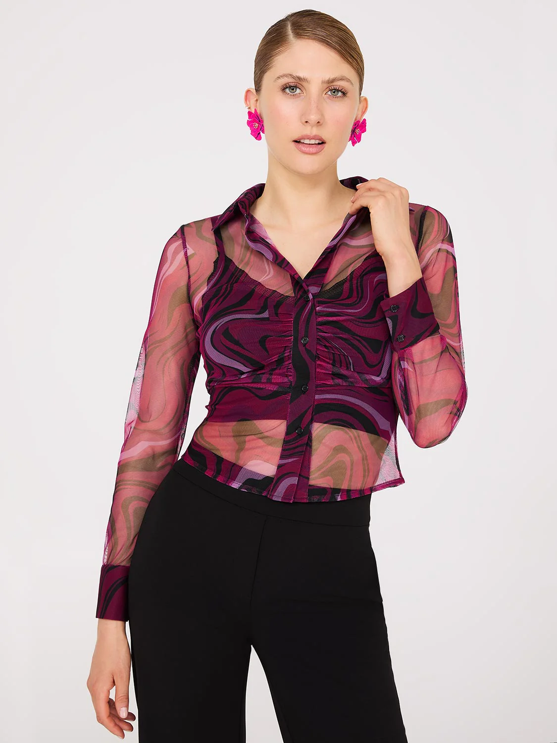 Abstract Print Ruched Button-Front Mesh Blouse - Image 3