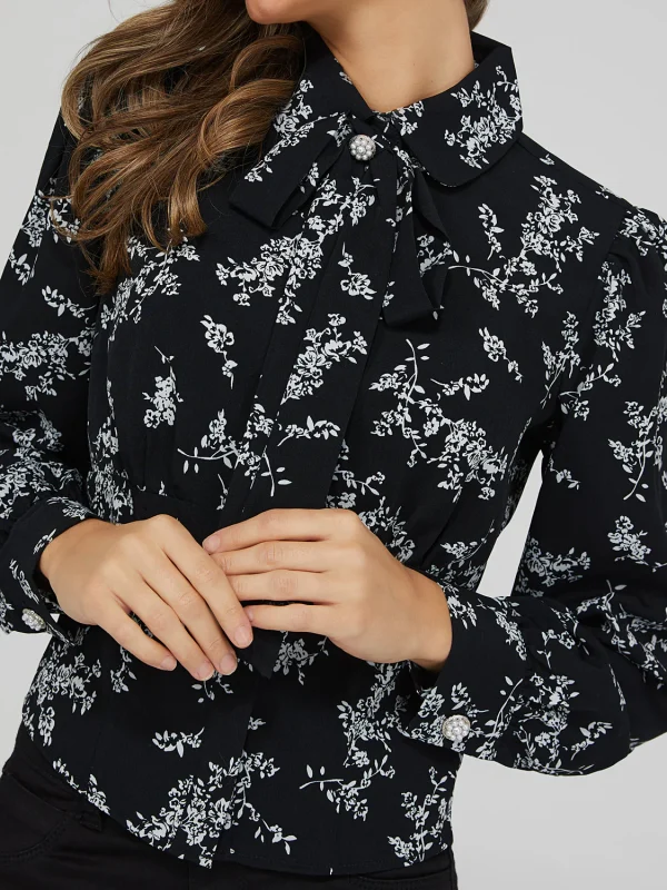 Printed Jewel Button Tie Neck Blouse - Image 5