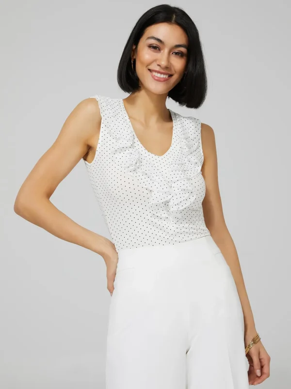 Polka Dot Sleeveless Top With Chiffon Ruffle Detail