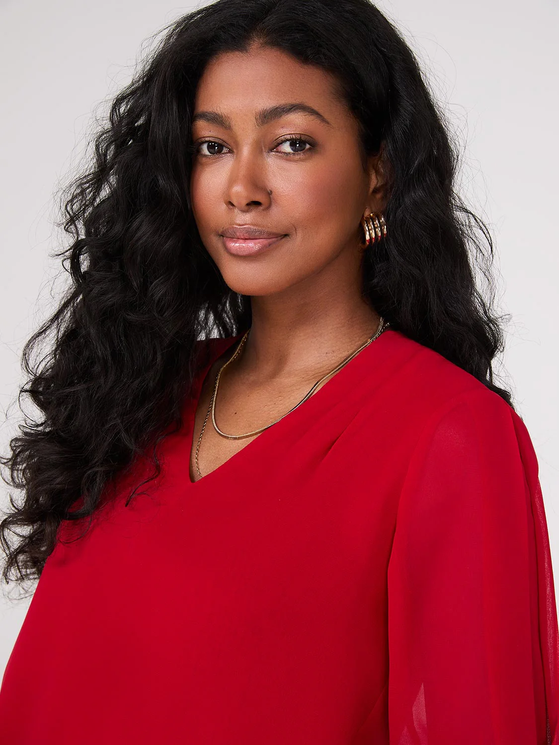 Chiffon V-Neck Pleated Popover Blouse - Image 2