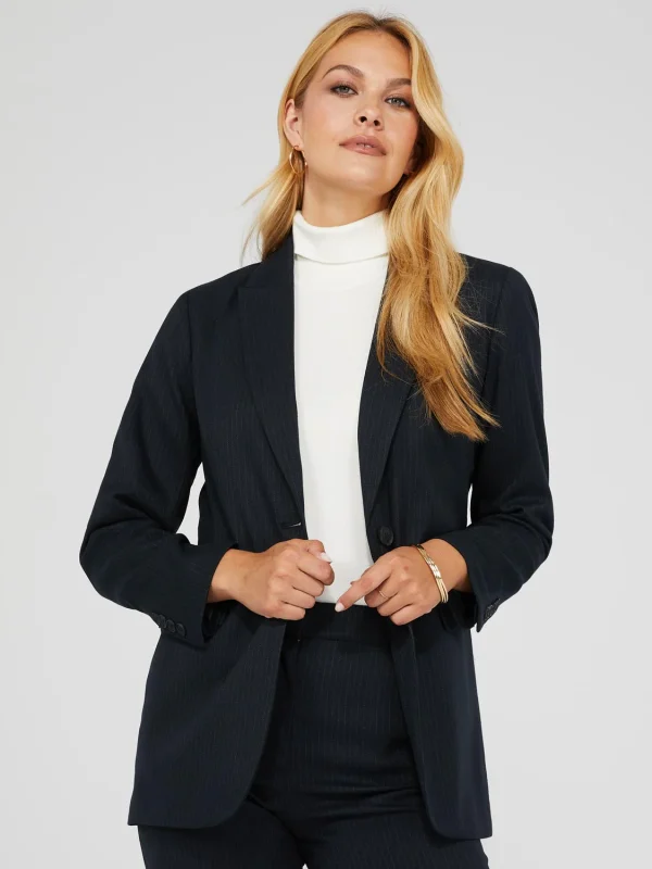 1-Button Striped Blazer With Flap Pockets - Image 2