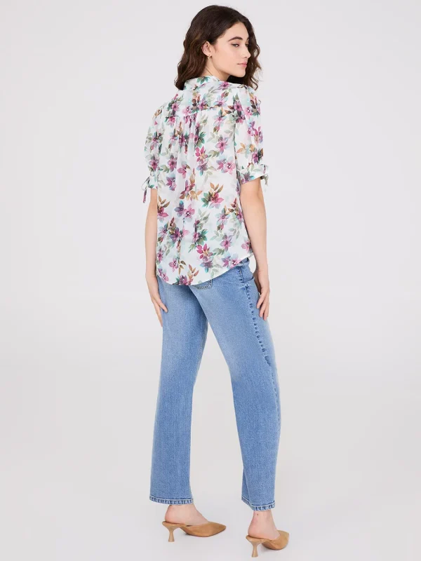 Floral Print Split Neck Tie Sleeve Blouse - Image 4