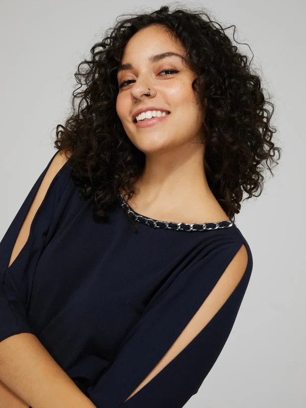 Cold Shoulder Top With Chain Neckline Detail - Image 2