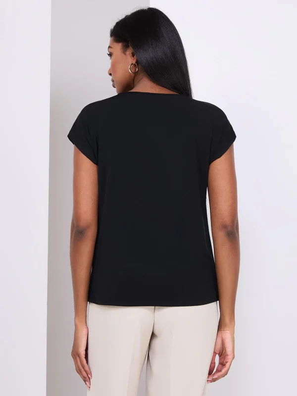 Pleated Short Sleeve Top With Metal Bar Detail - Image 4