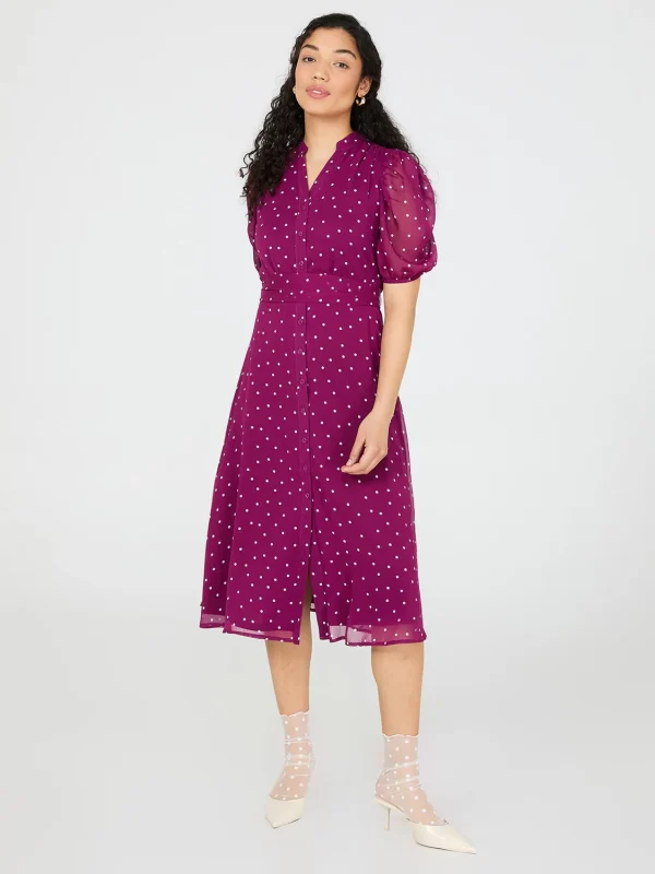 Dot Print Split Neck Dress With Balloon Sleeves - Image 2
