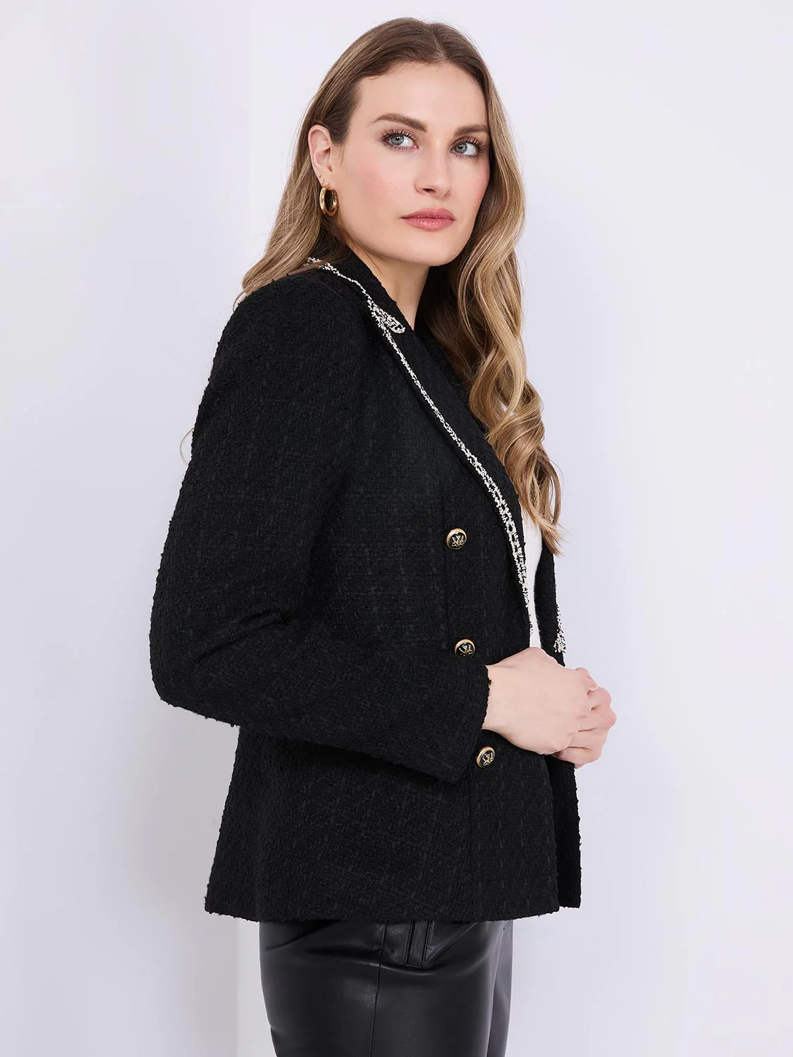 Contrast Trim Faux Double-Breasted Boucle Blazer - Image 4