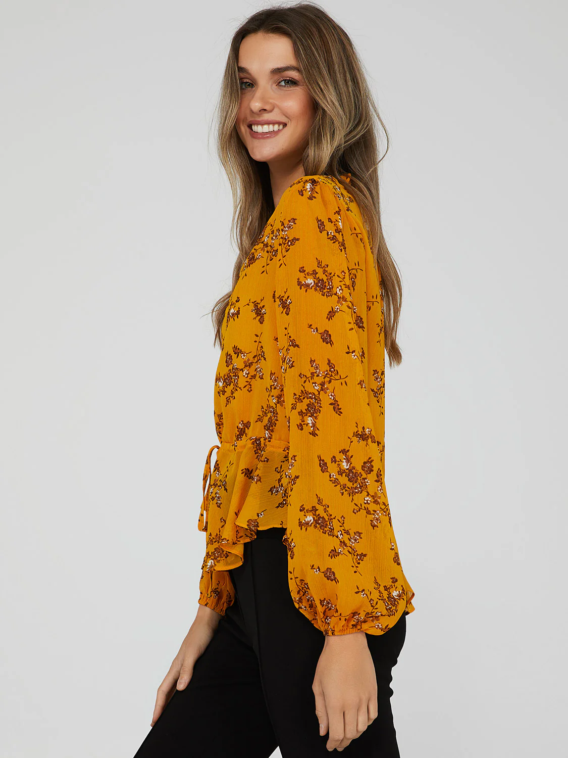 Printed V-Neck Peplum Blouse - Image 3