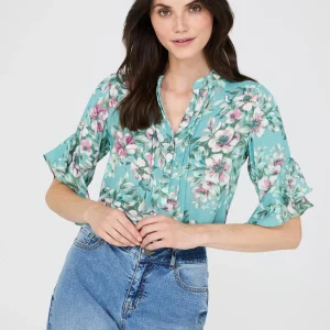 Floral Print 3/4 Ruffle Sleeve Tunic Blouse