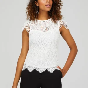 Lace Crew Neck Top With Scalloped Cap Sleeves