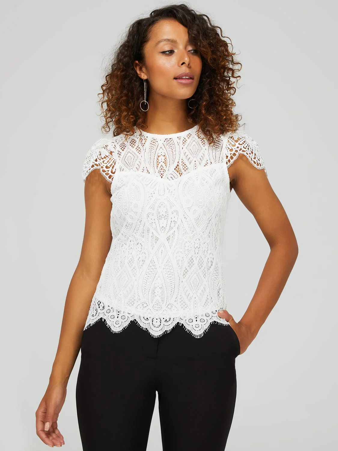 Lace Crew Neck Top With Scalloped Cap Sleeves