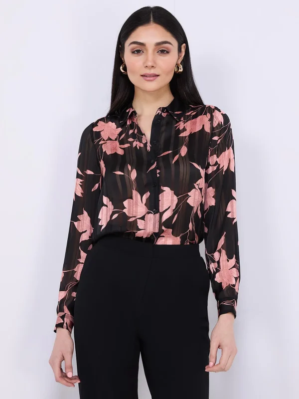 Floral Print Shadow Stripe Button-Front Blouse - Image 4