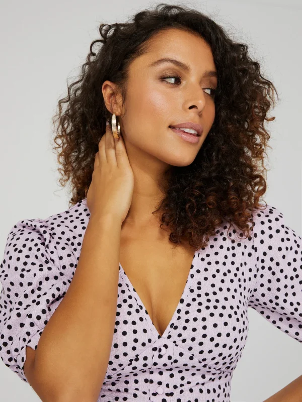 Printed V-Neck Button-Front Top With Puff Sleeves - Image 2