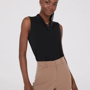 Sleeveless Pleated Faux Leather V-Neck Top