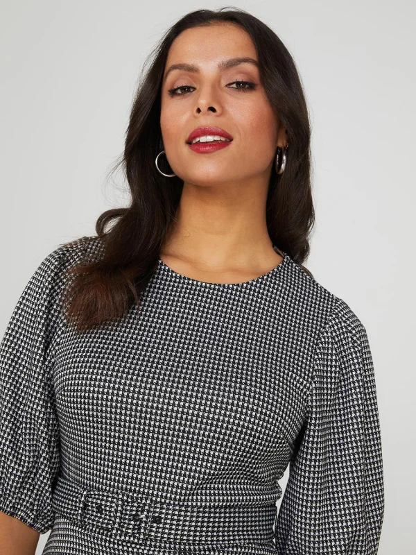 Printed Metallic Fit & Flare Belted Dress - Image 2