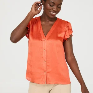 Crinkle Satin Ruffle Sleeve Button-Front Blouse