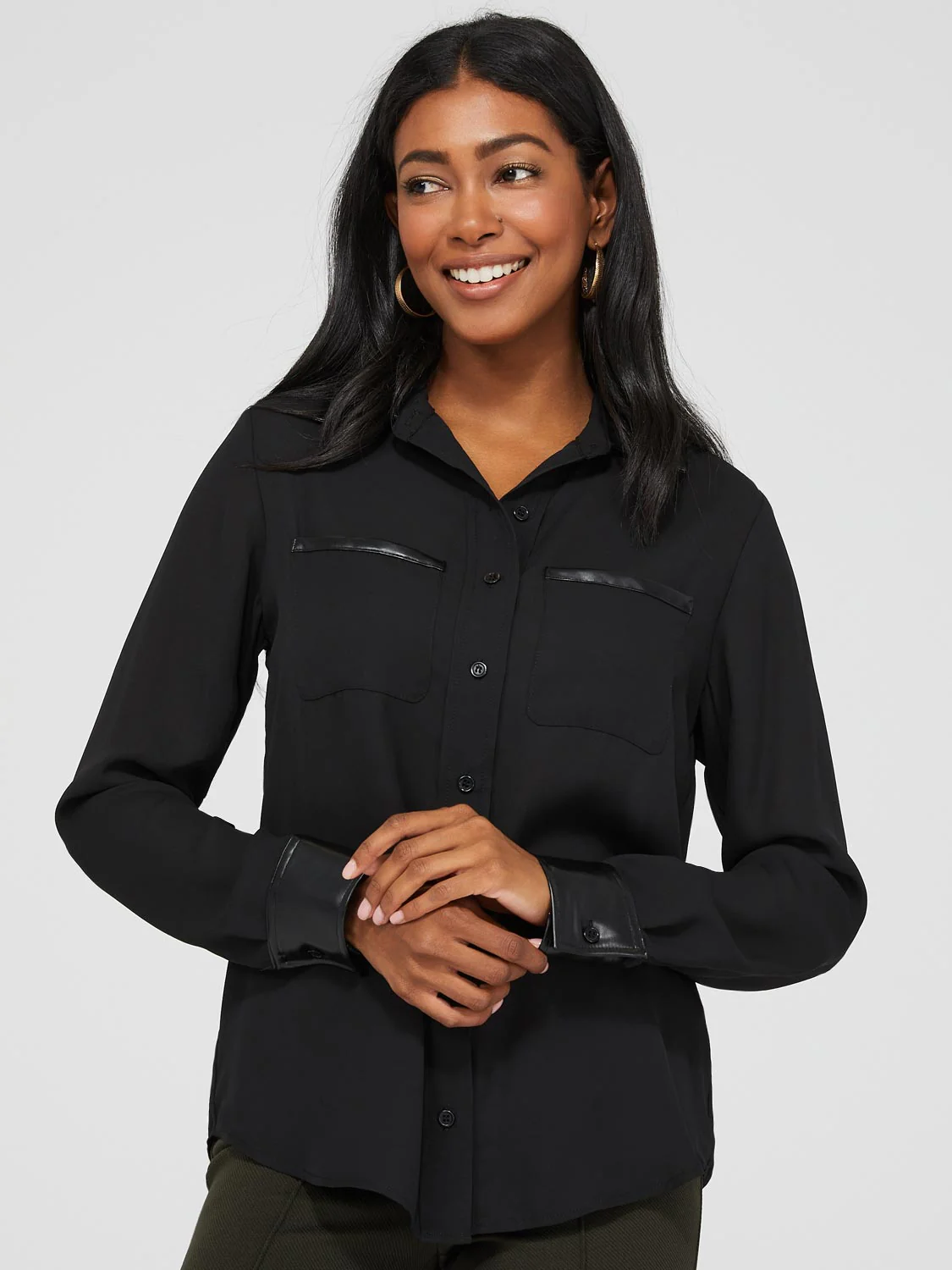 Chiffon Button-Front Blouse With Faux Leather Details - Image 3