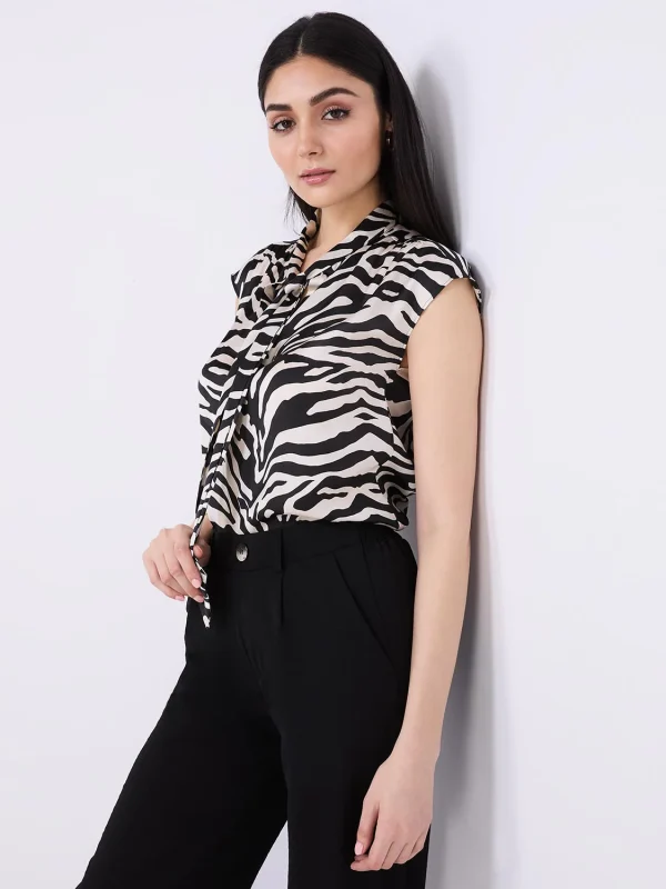 Animal Print Satin Bow Blouse - Image 4
