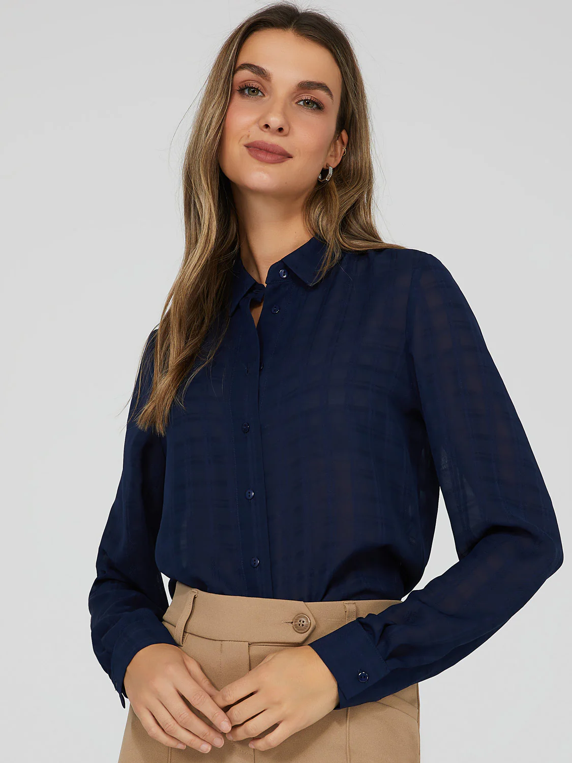 Tonal Check Sheer Button Down Blouse - Image 3