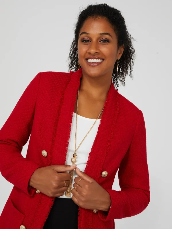 Long Open Boucle Blazer With Fringe Lapels - Image 5