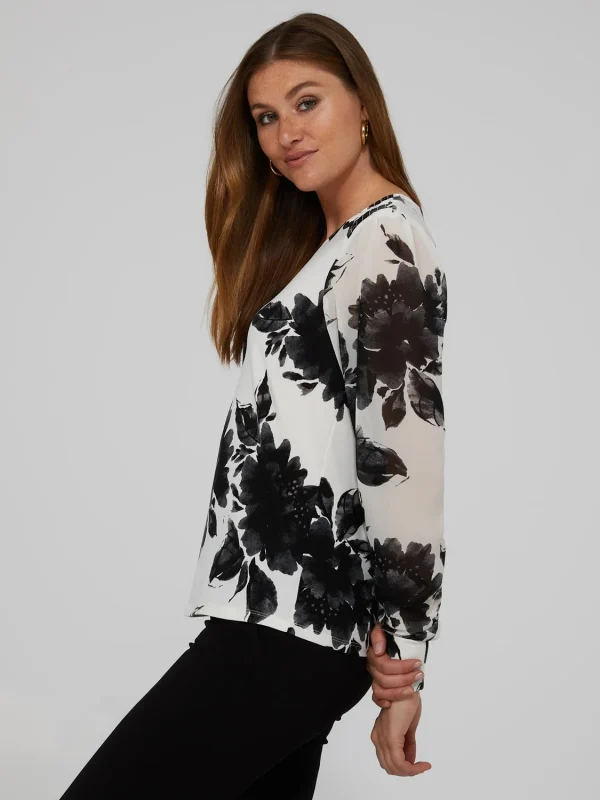 Printed V-Neck Top With Sheer Crepe Chiffon Long Sleeves - Image 3