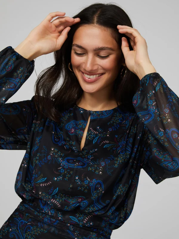 Paisley Print Mesh Top With Pleated Bottom Band - Image 2