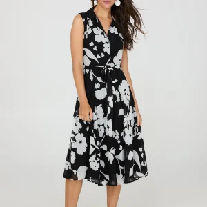 Sleeveless Floral Print Button-Front Midi Dress