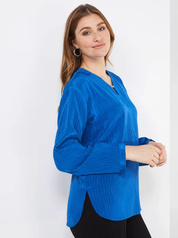 Textured V-Neck Blouse With Hardware Detail - Image 4