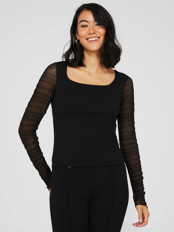 Textured Crepe Scoop Neck Top With Smocked Mesh Sleeves - Image 3