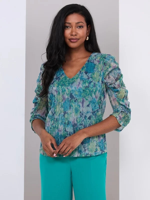 Floral Print Crinkle Mesh V-Neck Top - Image 3