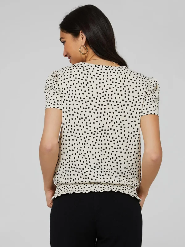 Polka Dot Textured T-Shirt With Smocked Bottom Band - Image 5