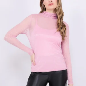 Crinkle Mesh Top With Metallic Mock Neck