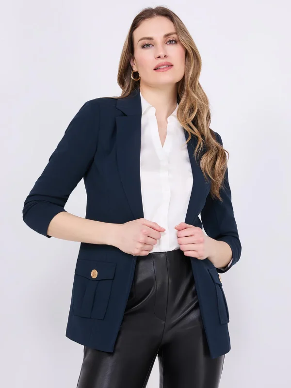 3/4 Ruched Sleeve Crepe Blazer - Image 9