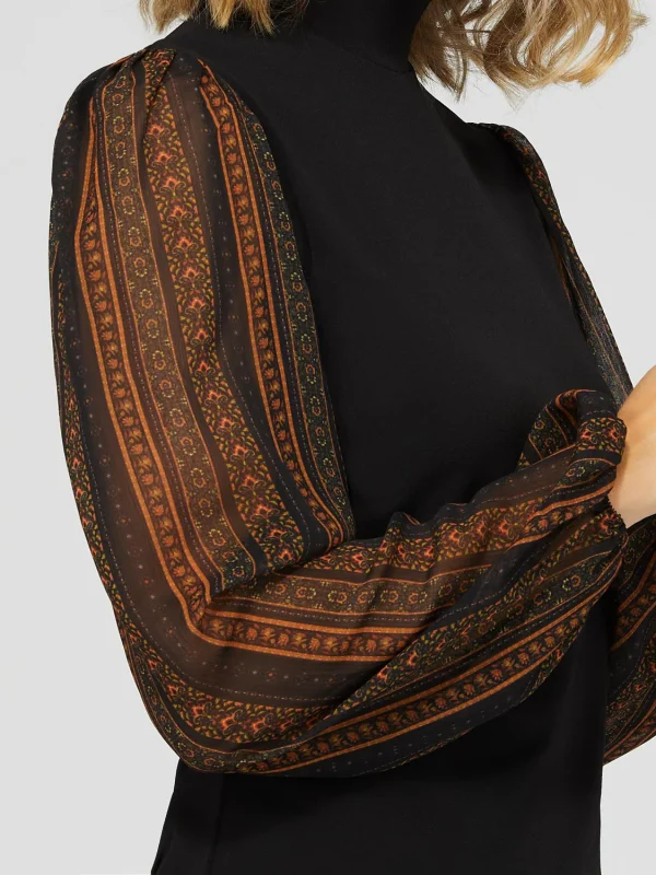 Crepe Mock Neck Top With Long Printed Balloon Sleeves - Image 6