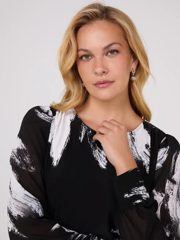 Printed Long Chiffon Sleeve Boat Neck Top - Image 2