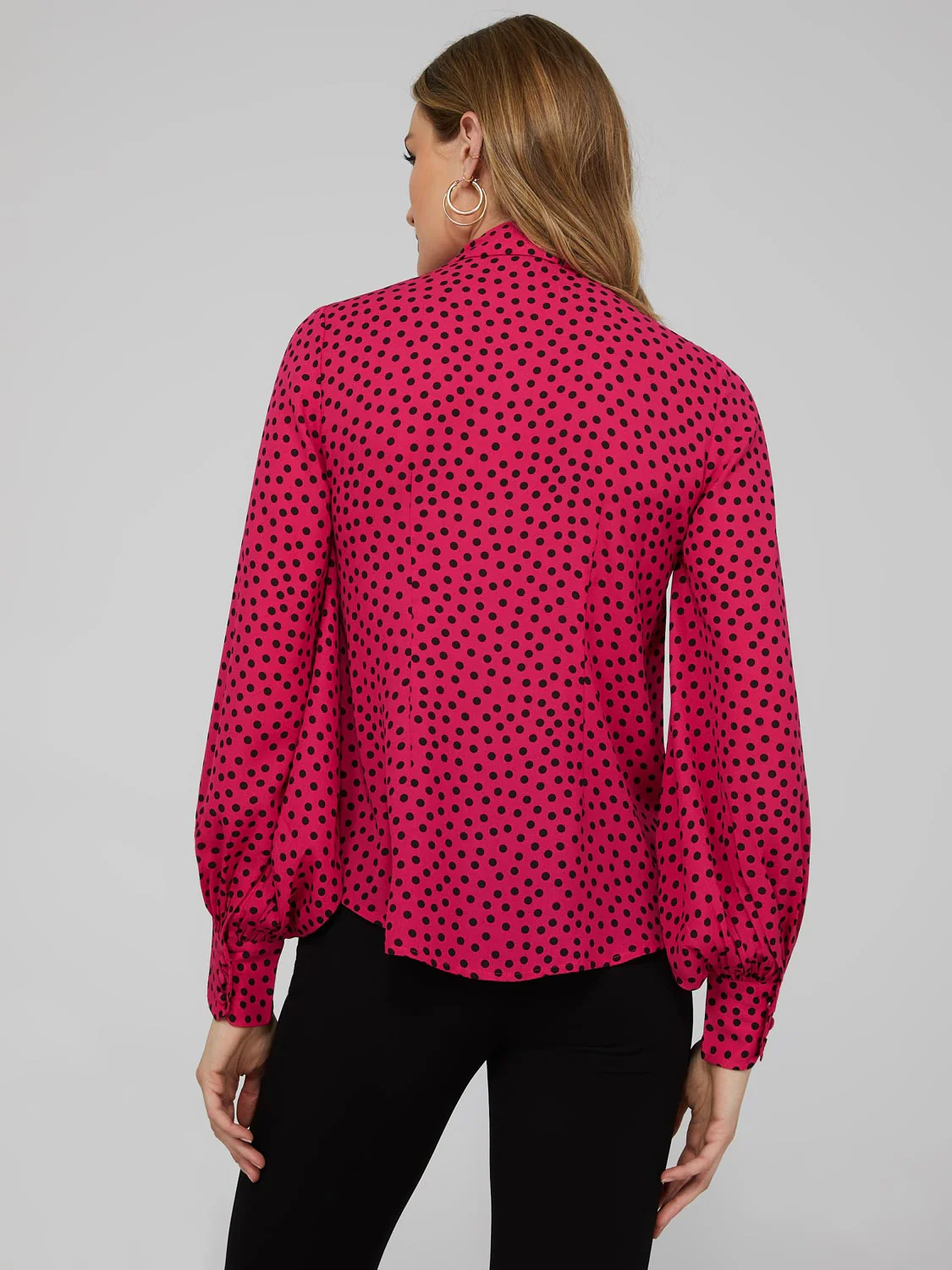 Polka Dot Crepe Chiffon Bow Blouse - Image 4