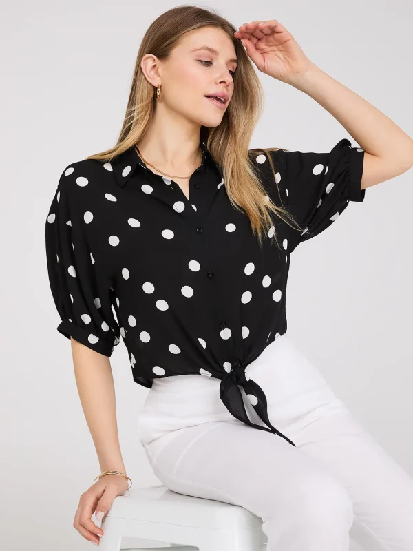 Polka Dot Button-Up Short Sleeve Blouse - Image 2