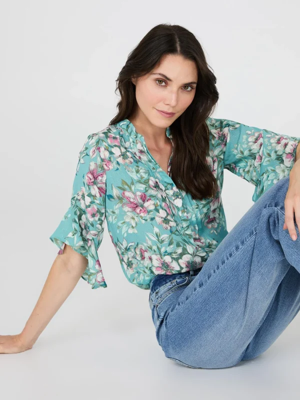 Floral Print 3/4 Ruffle Sleeve Tunic Blouse - Image 2